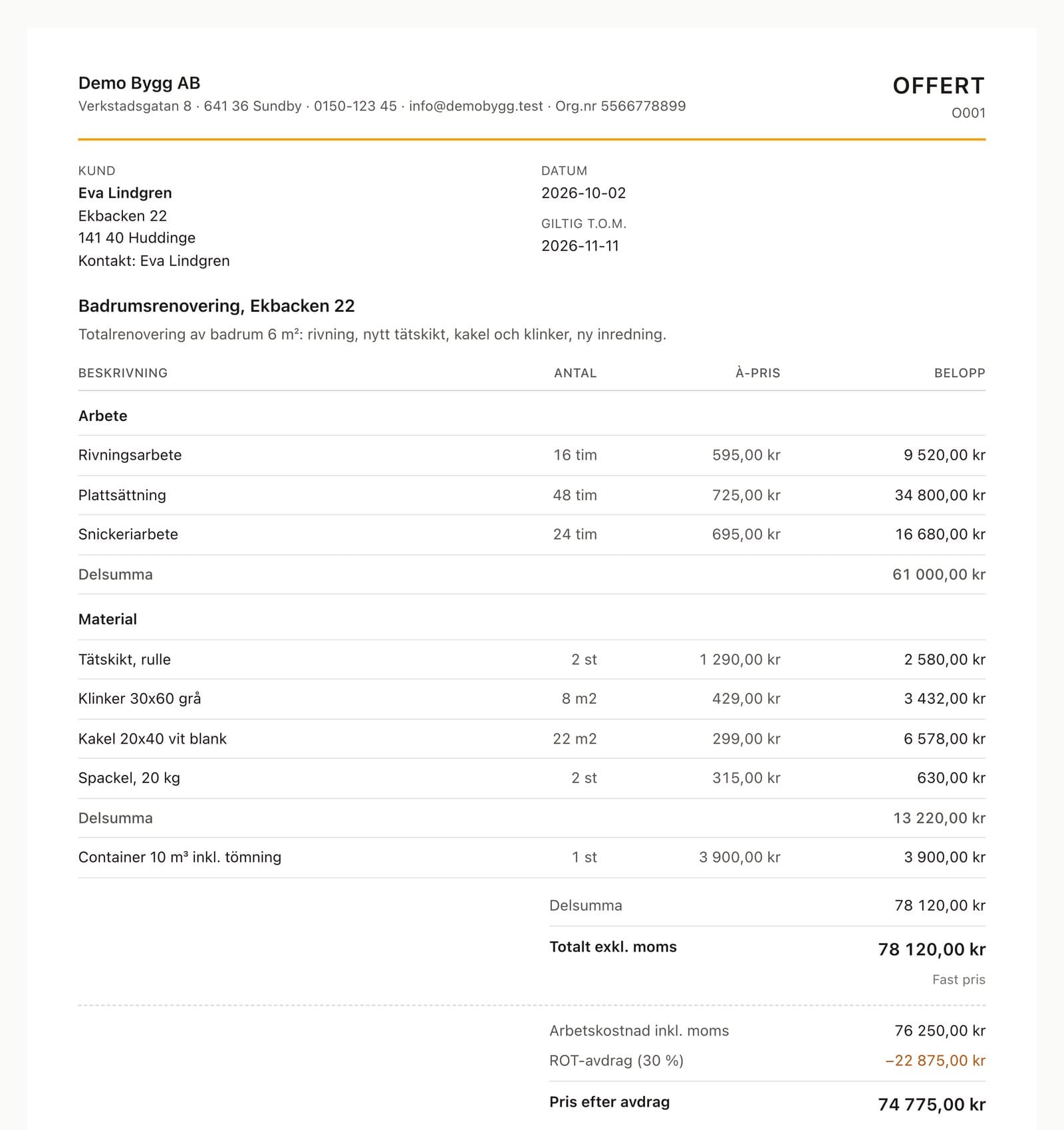 Offert i demoföretaget, med exempeldata.
