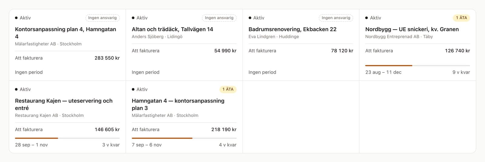 Projekt i demoföretaget, med exempeldata.
